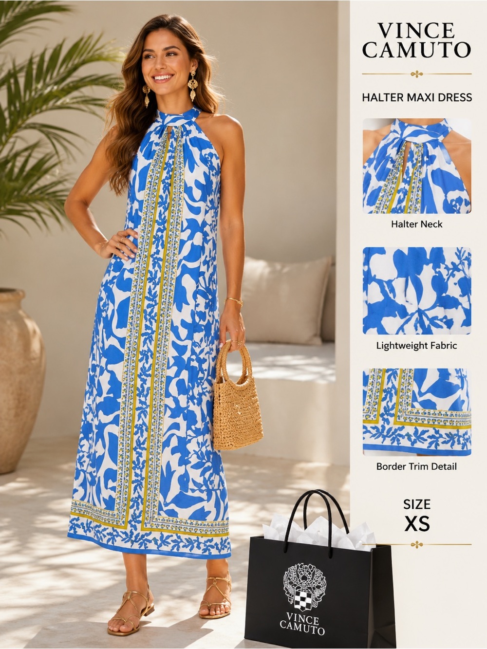 Vince Camuto Blue & White Halter-Style Maxi Dress with Gold Border